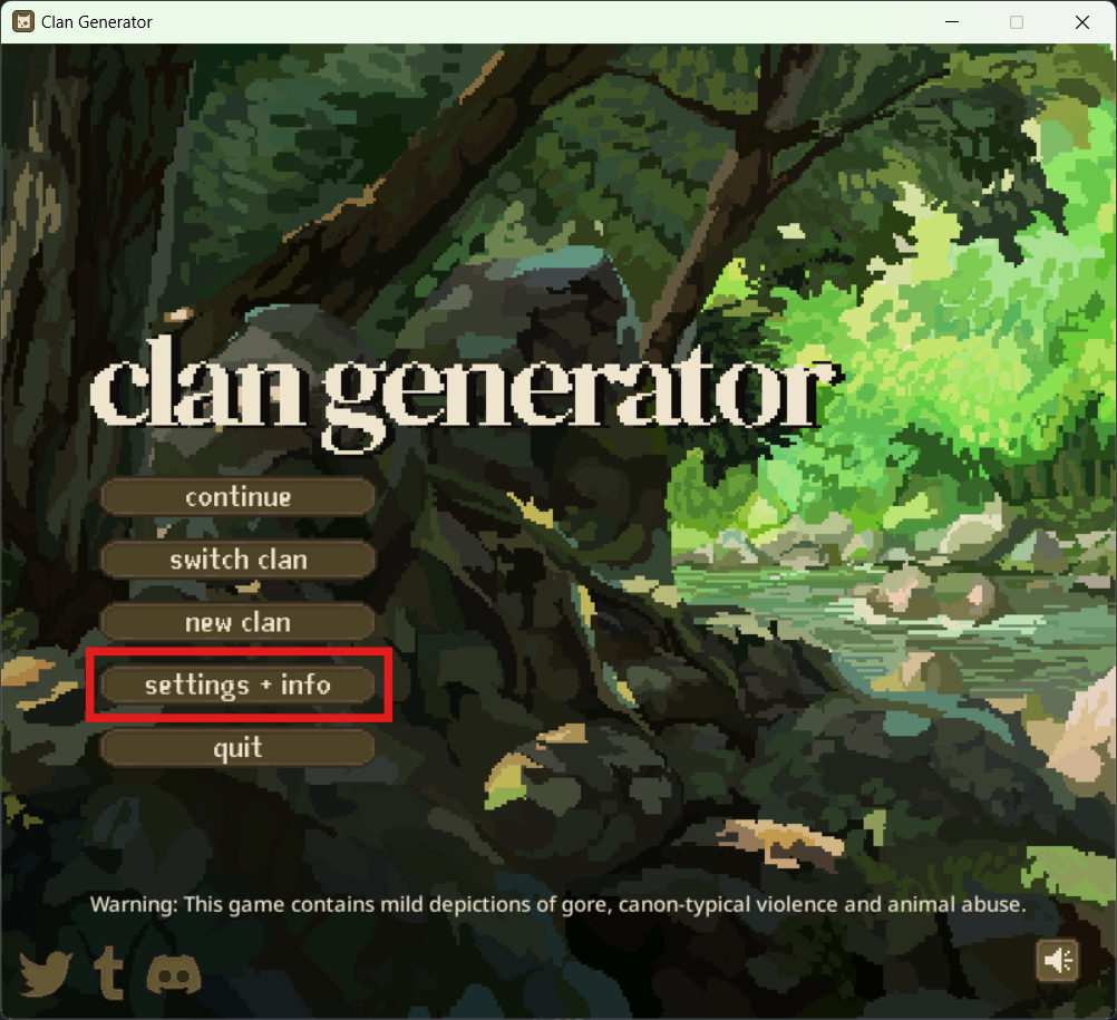 Main menu of ClanGen, the fourth menu button is highlighted
