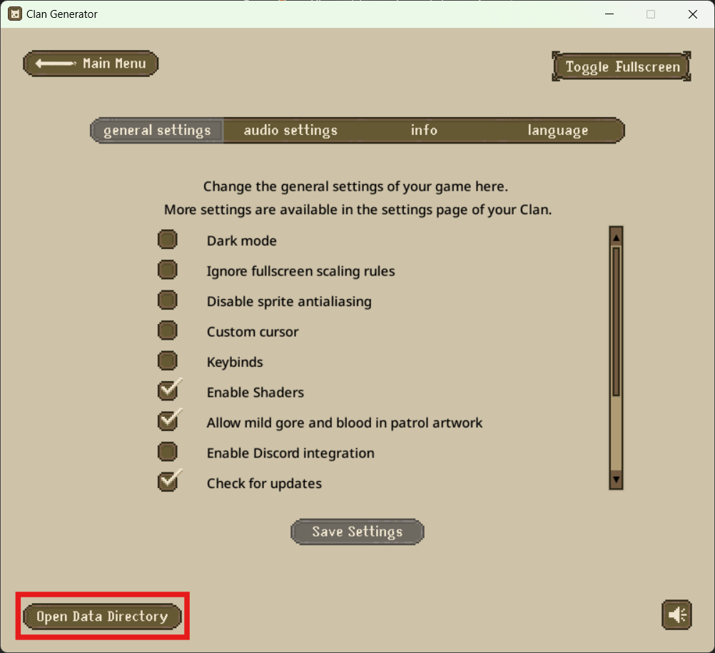 Settings screen with bottom-left button highlighted