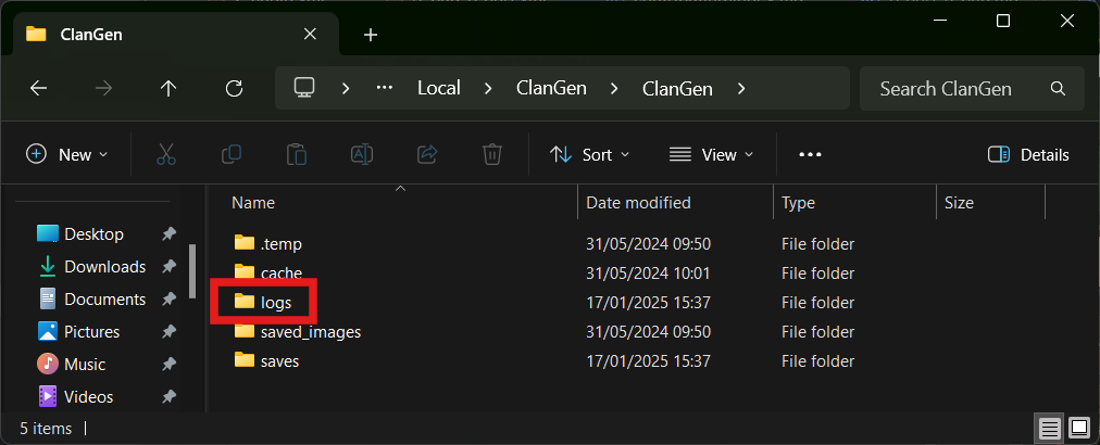 File system with logs folder highlighted