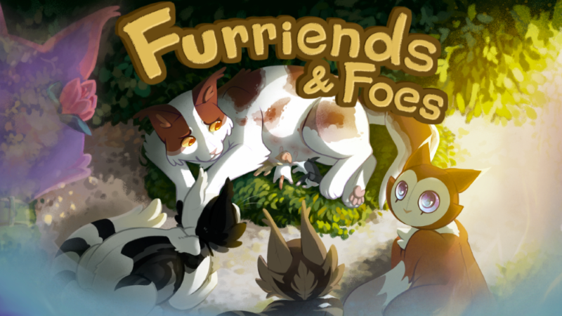 The update cover art. Features the update title: Furriends and Foes, as well as art of a queen nursing three newborns while her other 3 adolescent children watch. One of the adolescent cats is staring upwards at a ghostly observer.