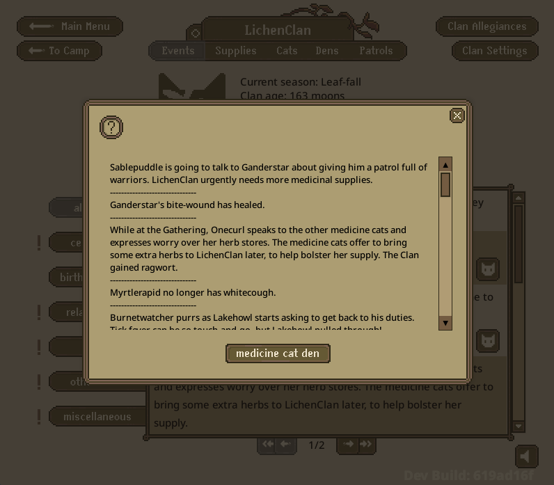 A screenshot of the new herb supply window displaying various messages about how herbs were used and collected.