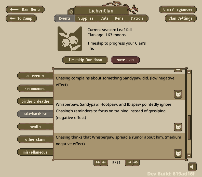 A screenshot of the relationship events display. Three events are highlighted: "Chasing complains about something Sandypaw did.", "Whisperpaw, Sandypaw, Hootpaw, and ibispaw pointedly ignore Chasing's reminders to focus on training instead of gossiping.", and "Chasing thinks that Whisperpaw spread a rumor about him."