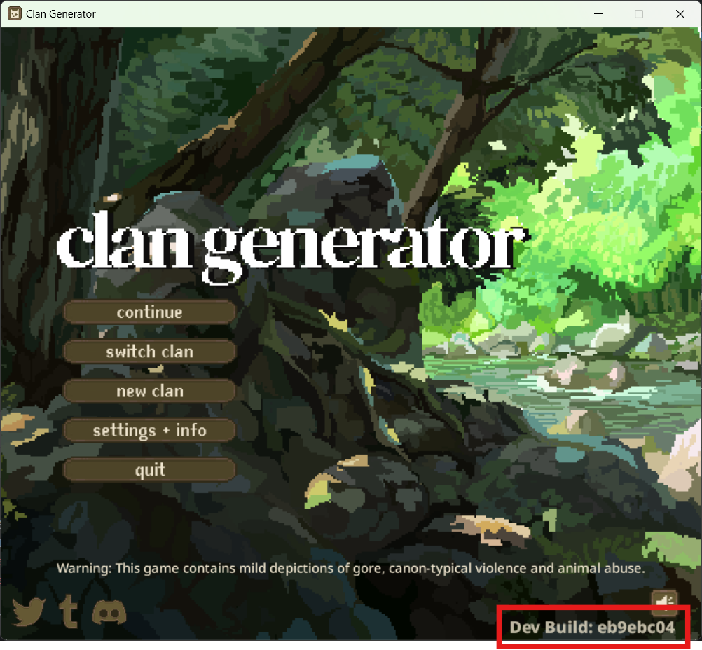 ClanGen main menu with commit number highlighted